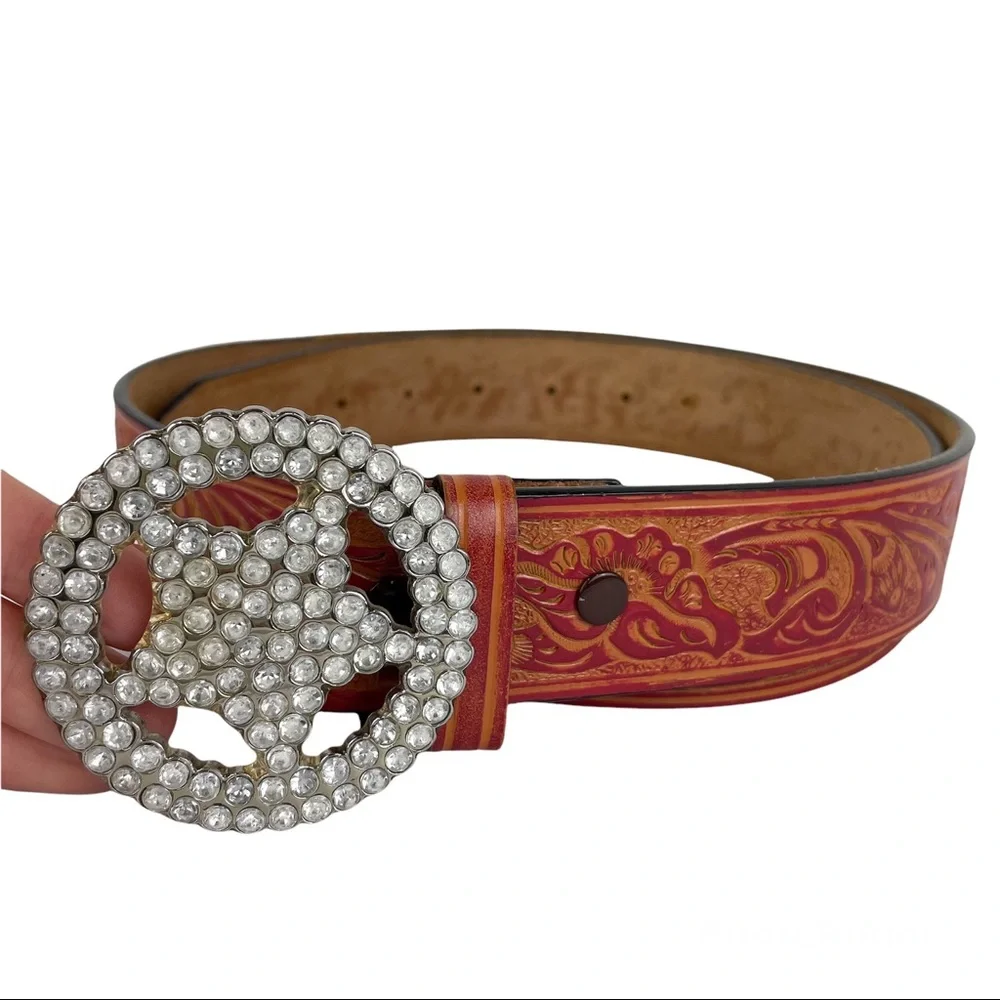 Western Embellished Star Bling Tooled Bonded Leather Belt Sz Large